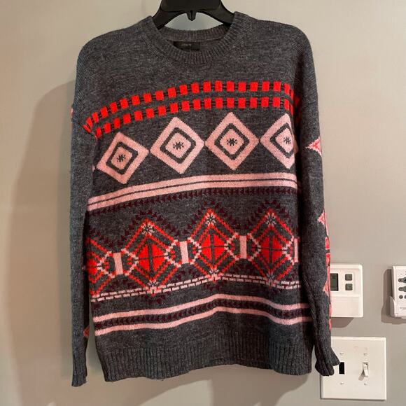 J Crew Sweater Sz S Grey Abstract Fair isle‎ Nordic Wool Mohair Acrylic Pullover - Picture 1 of 7